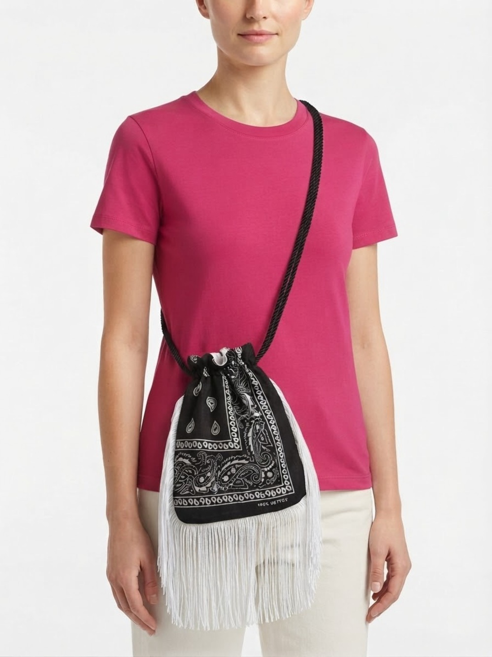 NEW Handmade Black Bandana Drawstring Crossbody Bag with White Fringe